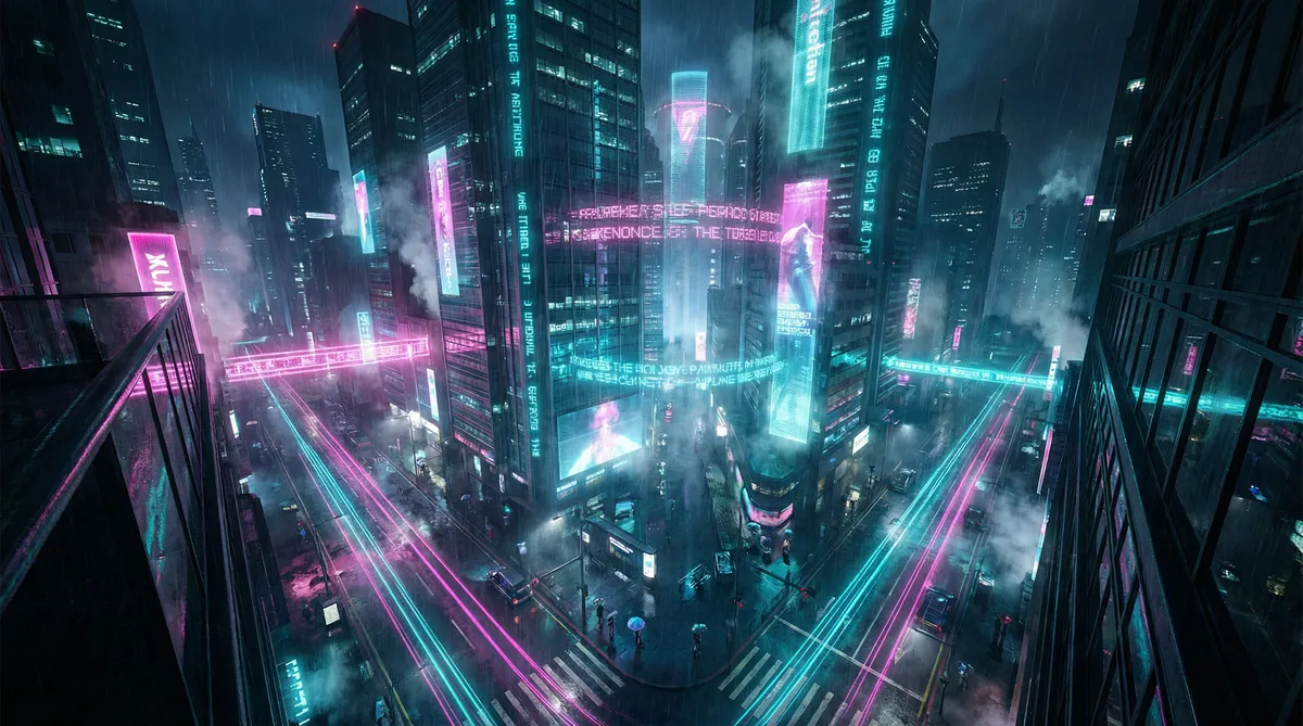 5278在线 竖屏短剧平台首页背景 - 赛博朋克都市夜景